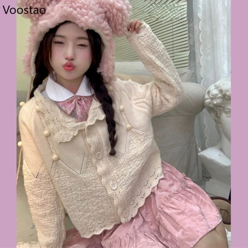 Gentle Sweet Plush Ball Sweater Autumn Japanese Women Cute Long Sleeve Hollow Out Knitted Cardigan Kawaii Lolita Knitwear Tops 1