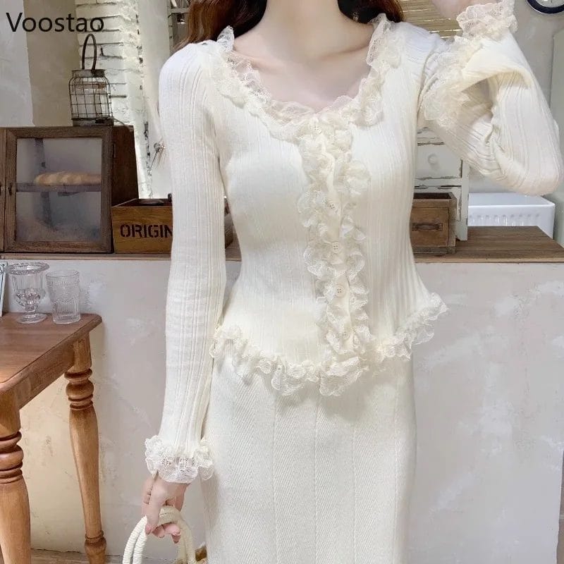 Gentle Elegant Knitted Cardigan Autumn Women France Casual Ruffles Lace Patchwork Sweater Female Korean Chic Slim Knitwear Tops 1
