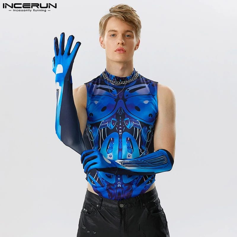 2023 Men Bodysuits 3D Printing Turtleneck Sleeveless Golves Fitness Male Rompers Tank Tops Sexy Fashion Bodysuit S-5XL INCERUN 1