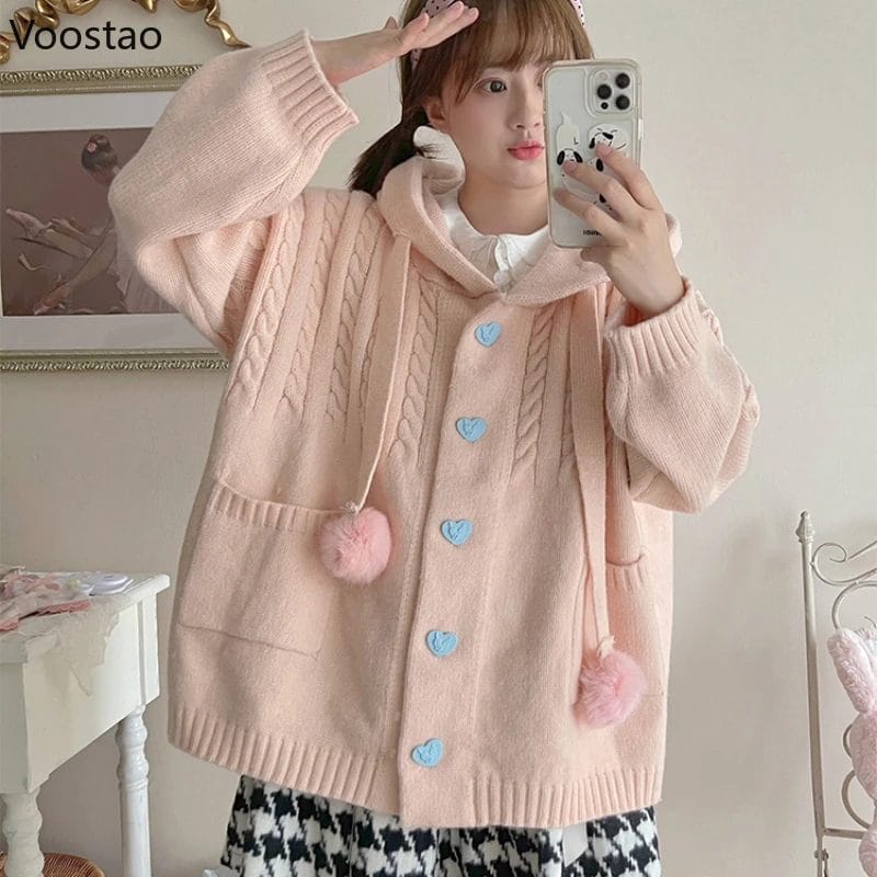 Japanese Cute Lolita Knitted Cardigan Women Harajuku Kawaii Pink Hooded Long Sweater Coat Girls Sweet Loose Pocket Knitwear Tops 1