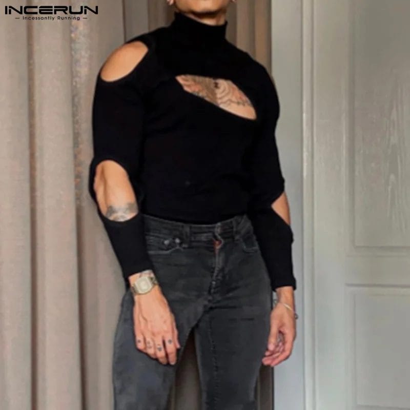 Men T Shirt Solid Color Turtleneck Long Sleeve Hollow Out Sexy Fitness Men Clothing 2024 Fashion Casual Camisetas S-3XL INCERUN 1