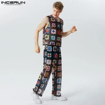 Men Sets Lace Flower Printing Transparent Sexy V Neck Sleeveless Tank Tops & Pants 2PCS Streetwear 2023 Men Suits S-5XL INCERUN 2