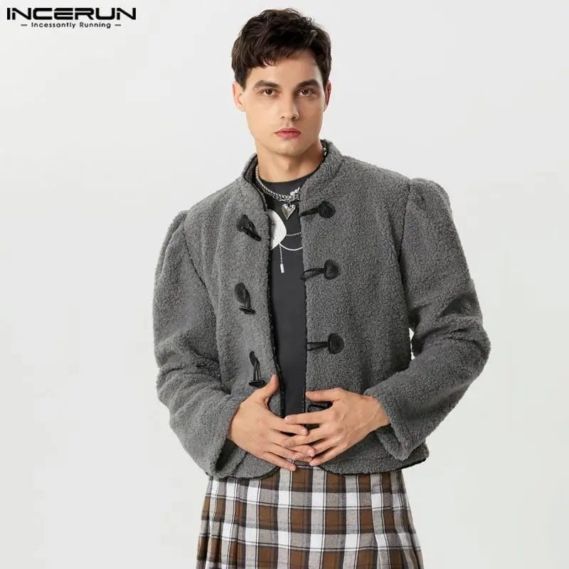 2023 Fashion Men Jackets Plush Patchwork Stand Collar Long Sleeve Button Male Coats Streetwear Casual Outerwear S-5XL INCERUN 1