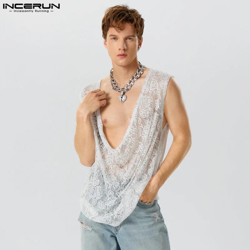 2023 Men Tank Tops Lace V Neck Sleeveless See Through Sexy Male Vests Loose Streetwear Fashion Summer Men Clothing S-5XL INCERUN 1