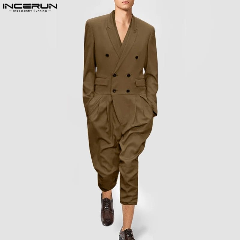 2023 Men Jumpsuits Solid Lapel Long Sleeve Streetwear Double Breasted Rompers Elegant Fashion Casual Men Overalls S-5XL INCERUN 1