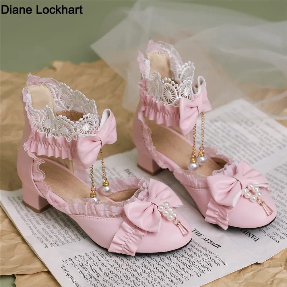 Spring Summer Women High Heels Mary Jane Pumps Party Wedding White Pink Black String Bead Bow Princess Cosplay Lolita Shoes 1