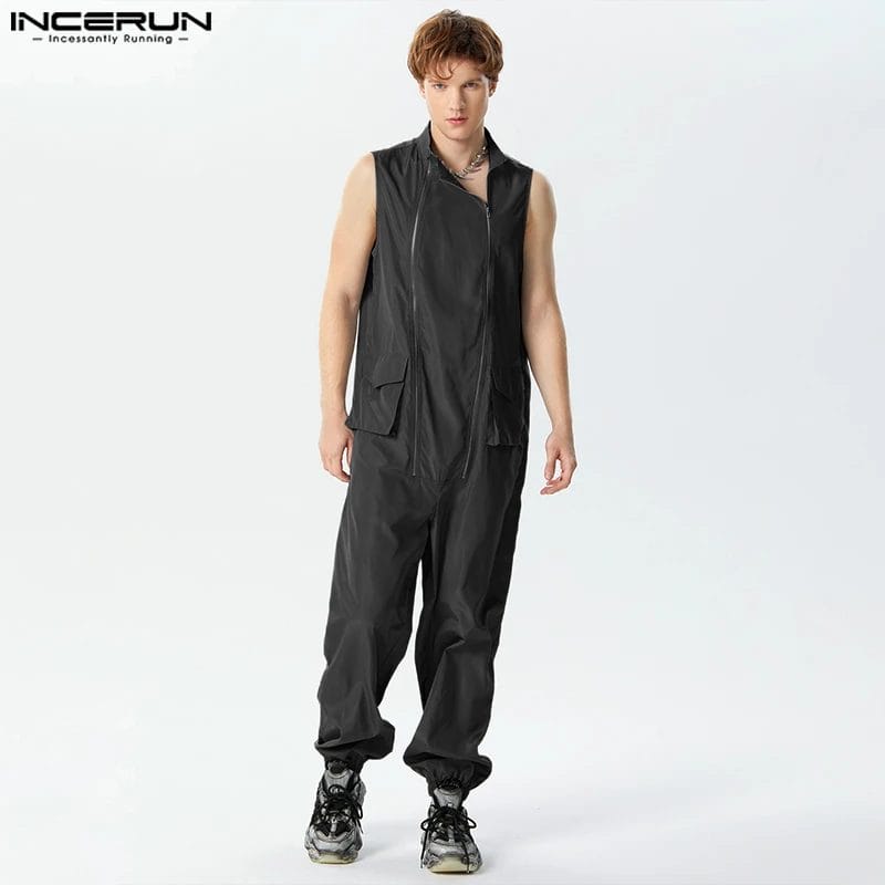 Fashion Men Jumpsuits Solid Loose Zipper Pockets Streetwear Casual Overalls 2024 Turtleneck Sleeveless Rompers Men S-5XL INCERUN 1