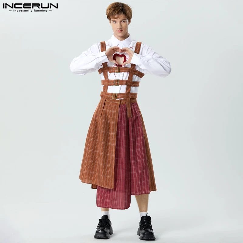 2023 Men Plaid Jumpsuits Skirts Patchwork Suspender Irregular Rompers Streetwear Loose Casual Male Straps Overalls S-5XL INCERUN 1