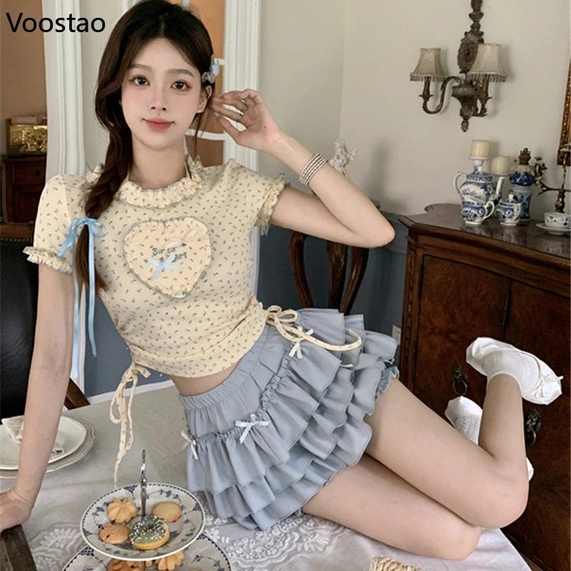 Kawaii Sweet Lolita Style Skirt Sets Women Floral Print Ruffles Hearts Blouse Tops Bow Mini Skirt Suit Japanese Two Piece Set 1