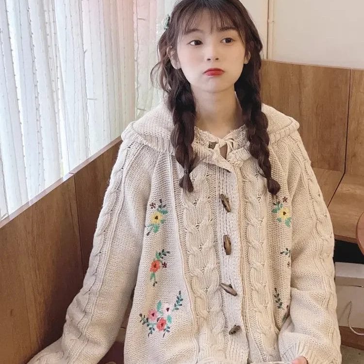 Mori Girl Style Vintage Flower Embroidery Hooded Knitted Cardigan Women Sweet Tassels Sweater Coat Casual Loose Knitwear Tops 1