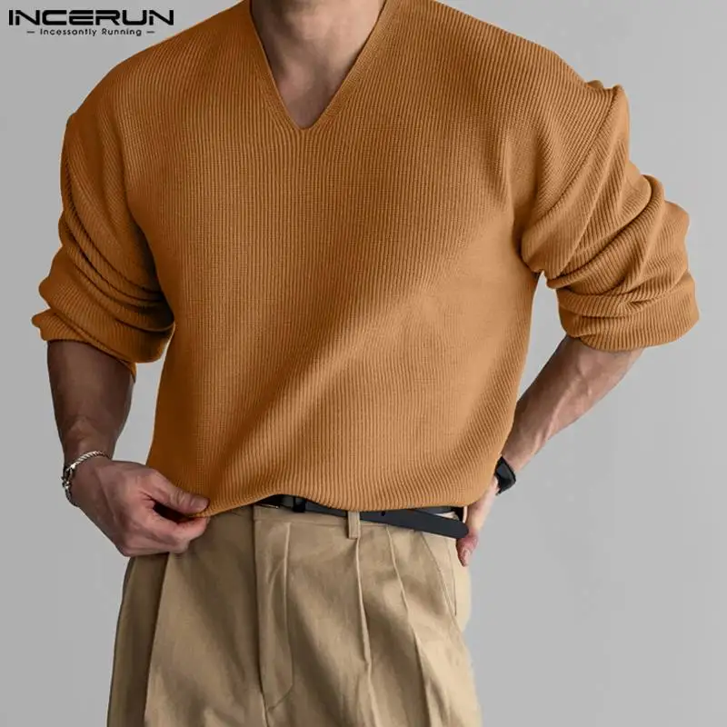 INCERUN Men's Sweaters Solid Color V Neck Long Sleeve Knitted Streetwear Casual Male Pullovers Korean Fashion Men Clothing S-5XL 1