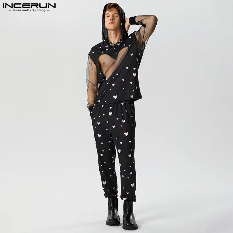 INCERUN Men Sets Printing Mesh Patchwork Transparent Sexy Hooded Long Sleeve T Shirt & Pants 2PCS Streetwear 2024 Men's Suits 1