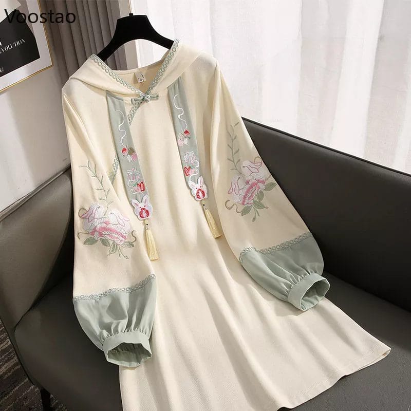 Spring Autumn Women Elegant M-4XL Hanfu Dress Chinese Style Sweet Floral Embroidery Hoodie Female Vintage Hooded Sweatshirt Coat 1