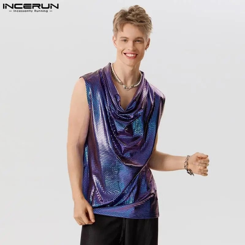 INCERUN 2023 Men Tank Tops Shiny V Neck Sleeveless Loose Summer Polka Dot Vests Sparkling Streetwear Fashion Men Clothing S-5XL 1