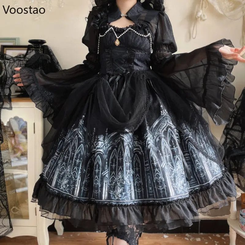 Japanese Gothic Lolita Dress Women Victorian Dark Print Long Sleeve Mesh Shawl Dress Girls Harajuku Y2K Punk Tea Party Dresses 1