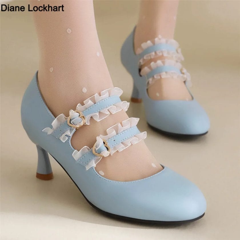 Spring Women Thin High Heels Round Toe Mary Jane Pumps Party Wedding Cosplay White Pink Black Blue Princess Buckle Lolita Shoes 1