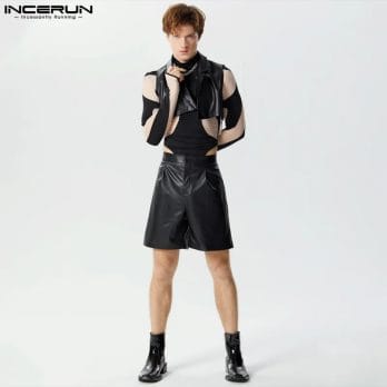 INCERUN 2024 Men Sets PU Leather Streetwear Solid Lapel Sleeveless Crop Vests & Shorts 2PCS Fashion Men's Casual Suits S-5XL 5