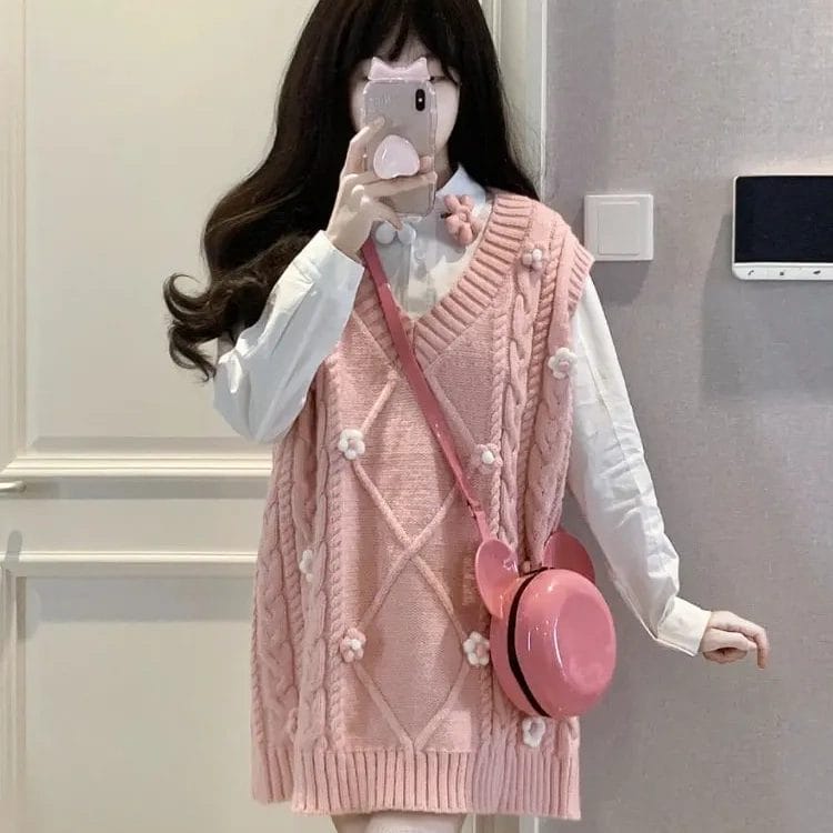 Spring Autumn Women Sweet Floral Knitted Vest White Shirt 2 Pieces Set Japanese Girls Cute Soft Sweater Casual Loose Pullover 1