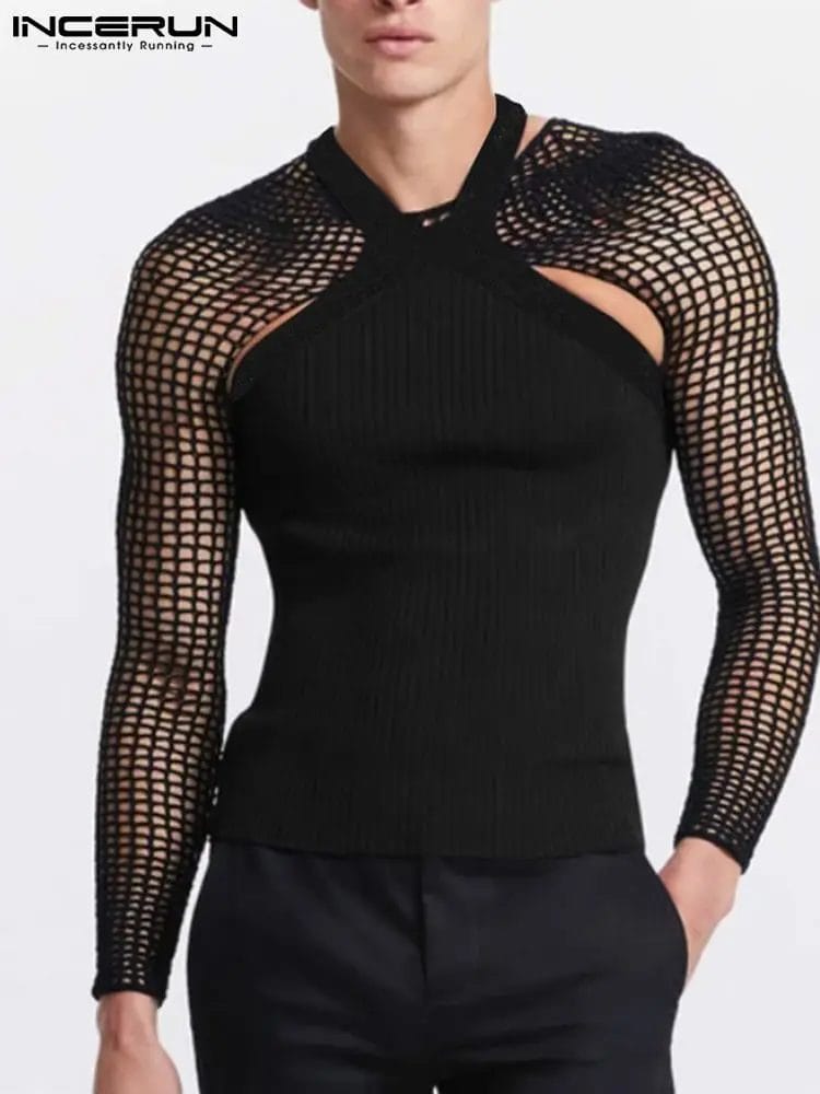INCERUN Fashion Men T Shirt 2023 Sexy See Through Mesh Hollow Two Pieces Sets Tops Streetwear Party Nightclub Men Clothing S-5XL 1