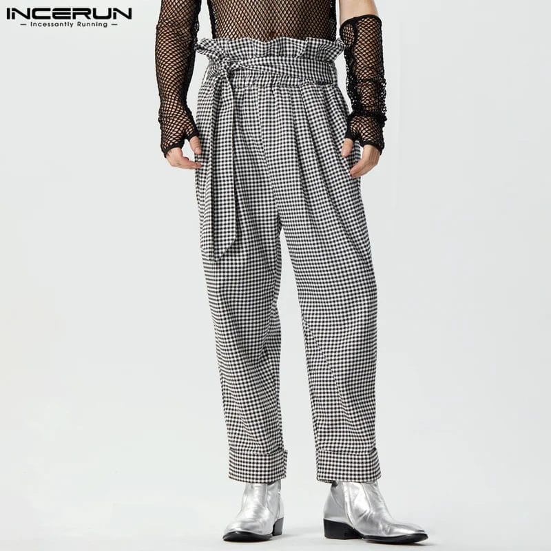 2023 Men Plaid Pants Loose Elastic Waist Ruffle Fashion Trousers Men With Belt Joggers Streetwear Casual Pantalon S-5XL INCERUN 1