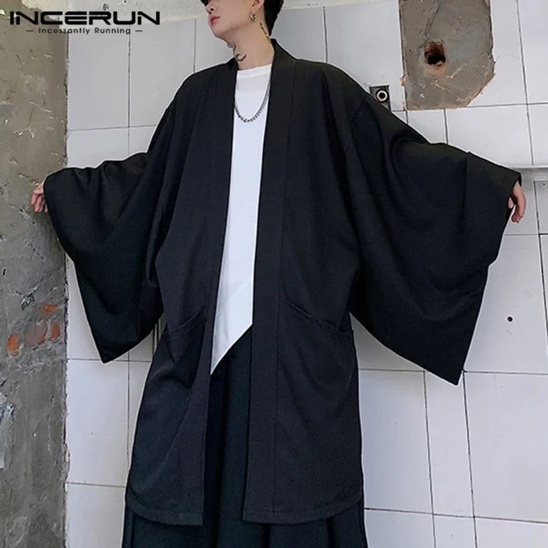 2023 Men Trench Cardigan Open Stitch Loose Long Sleeve Streetwear Punk Solid Color Fashion Long Coats Mens Cloak Capes INCERUN 1