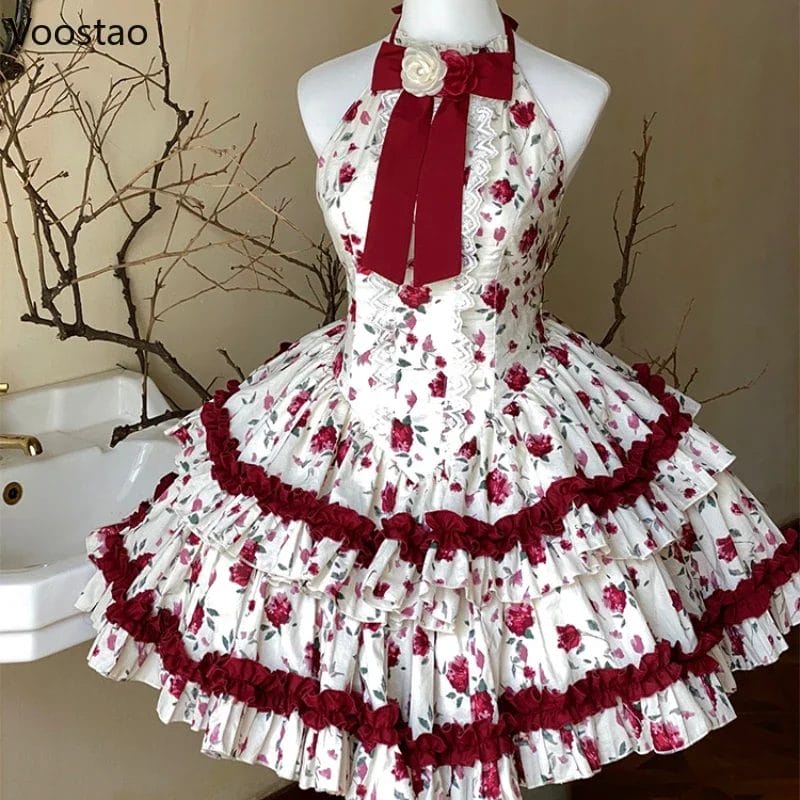 Victorian Vintage Lolita Dress Women Harajuku Y2k Lace Bow Red Rose Flower Princess Dresses Elegant Evening Party Mini Dress 1