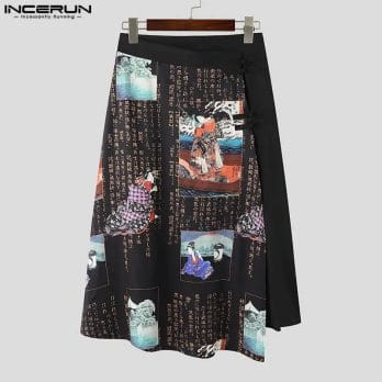 INCERUN Men Skirts Printing Chinese Style Streetwear Loose Vintage Irregular Skirts Pants Retro 2023 Casual Men Bottoms S-5XL 5
