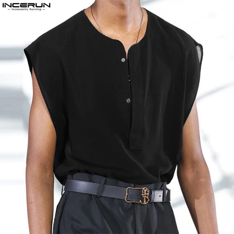2024 Men Shirt Solid Color Sleeveless Streetwear Button Casual Men Clothing Summer Loose Fashion Camisa Masculina S-5XL INCERUN 1