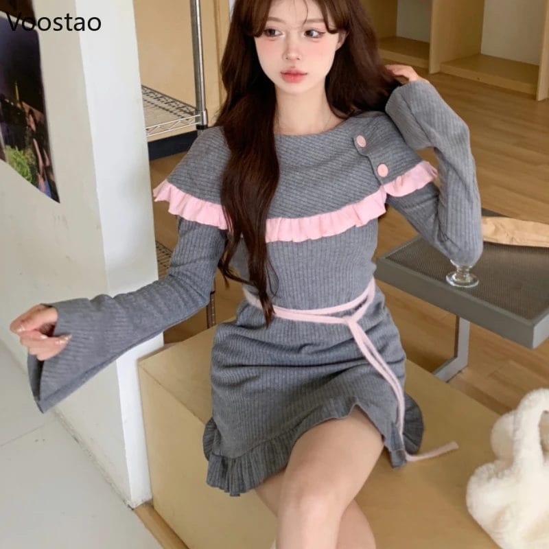 Spring Autumn Vintage Elegant Knitted Dress Women Casual Y2k Pink Ruffles Sweater Dresses Female Korean Fashion Sweet Mini Dress 1