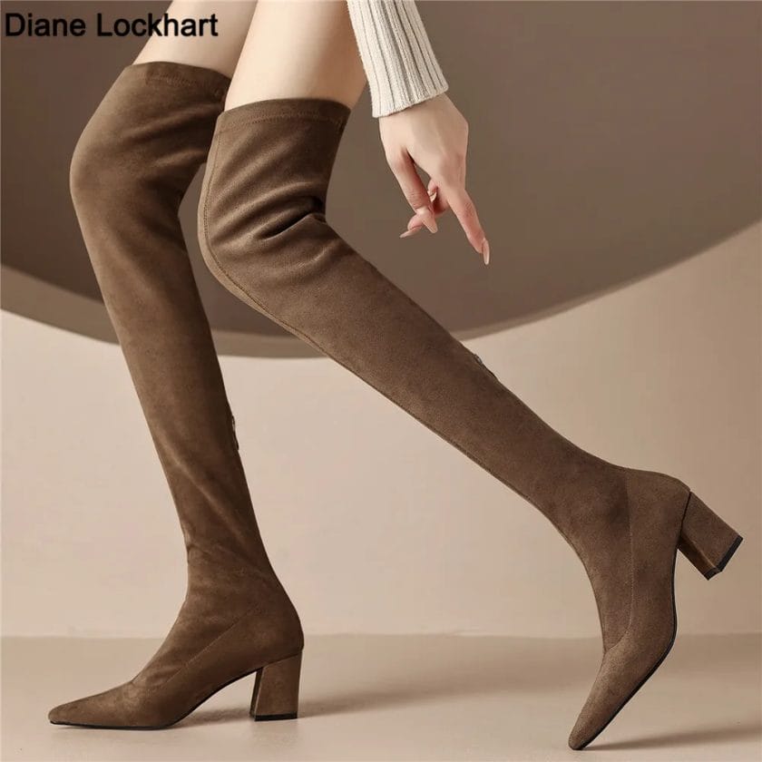 Sexy High Boots Women 2022 Winter New Fashion Over The Knee Botas Mujer Suede Zip Pumps Sock Shoes High Heels Boots Black Khaki 1