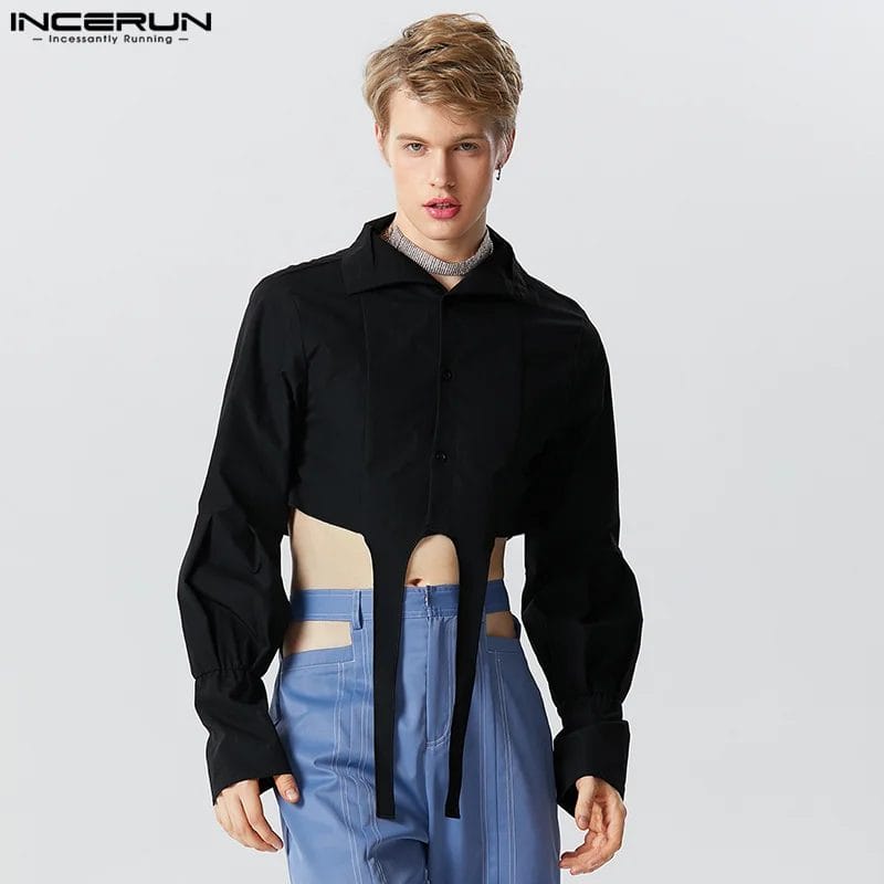 2023 Men Irregular Shirt Lapel Long Sleeve Button Loose Male Crop Tops Solid Streetwear Fashion Casual Camisas S-5XL INCERUN 1
