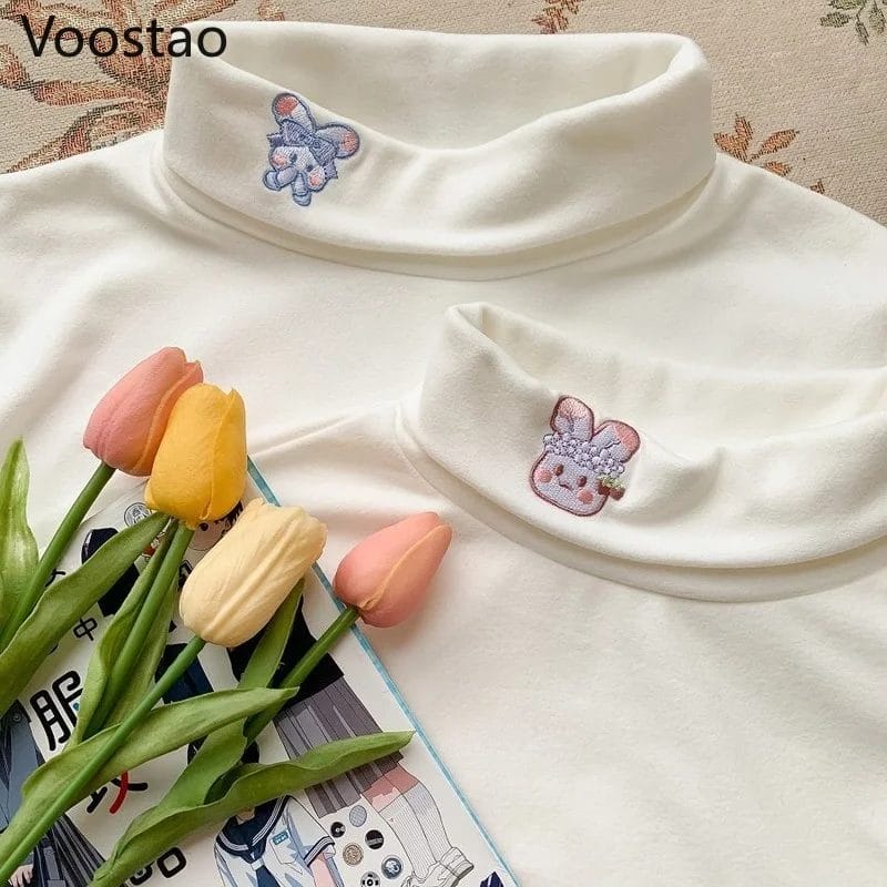 Sweet Long Sleeve Lolita T-shirts Spring Autumn Women Cute Rabbit Embroidery Bottoming Shirt Girls Harajuku Student JK Tops Tees 1