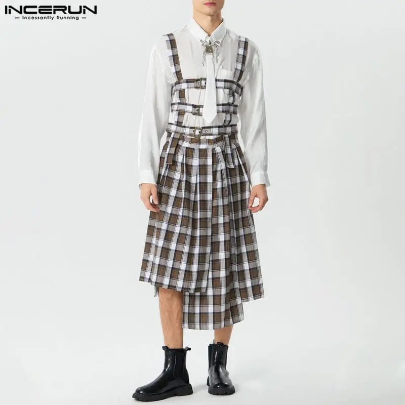 2023 Men Irregular Skirts Jumpsuits Plaid Pleated Hollow Out Personality Male Rompers Streetwear Fashion Casual Skirts INCERUN 1