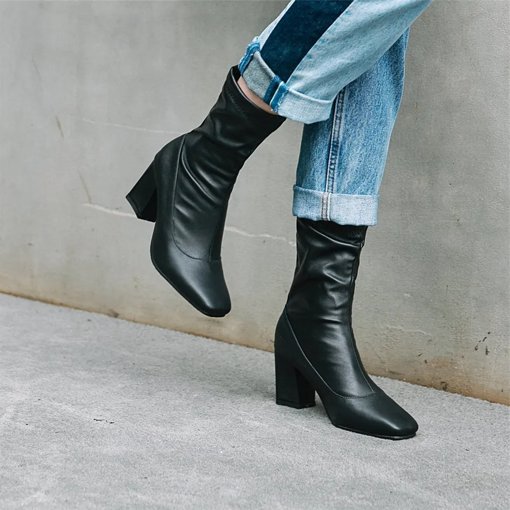 2023 Ankle Boots For Women Square Toe Fashion Winter Short Boats Zipper Thick Heels Comfortable Lady Shoes Black White 32-43 1