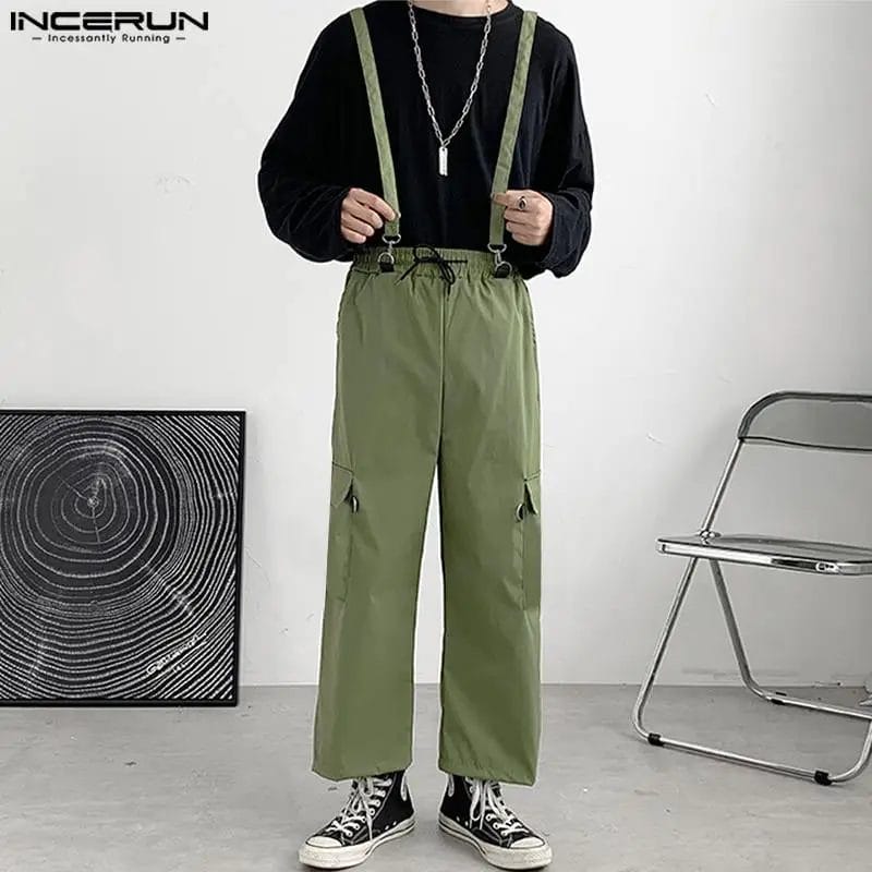 2023 Men Jumpsuits Pants Solid Pockets Loose Streetwear Casual Straps Rompers Korean Fashion Male Cargo Overalls S-5XL INCERUN 1