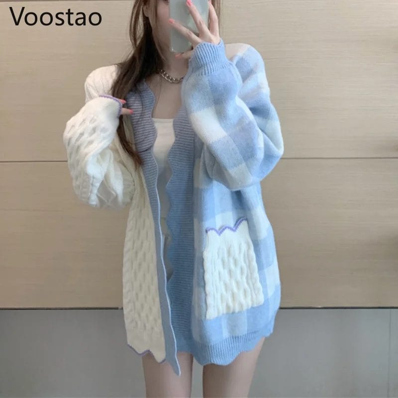 Korean Sweet Women Elegant Knitted Sweater Autumn Fashion Chic V-Neck Patchwork Plaid Cardigan Outwear Tops Female Loose Coats 1