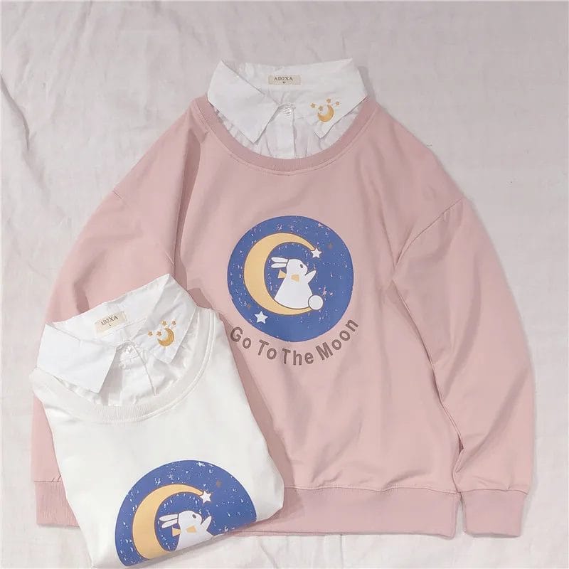 Spring Women Sweet Sweatshirt Fake Two Pieces Korean Cartoon Rabbit Letters Print Hoodies Girly Autumn New Pullover Lolita Tops 1