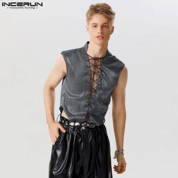 2023 Men Tank Tops Shiny V Neck Solid Color Sleeveless Lace Up Vests Streetwear Sexy Summer Fashion Men Clothing S-5XL INCERUN 3