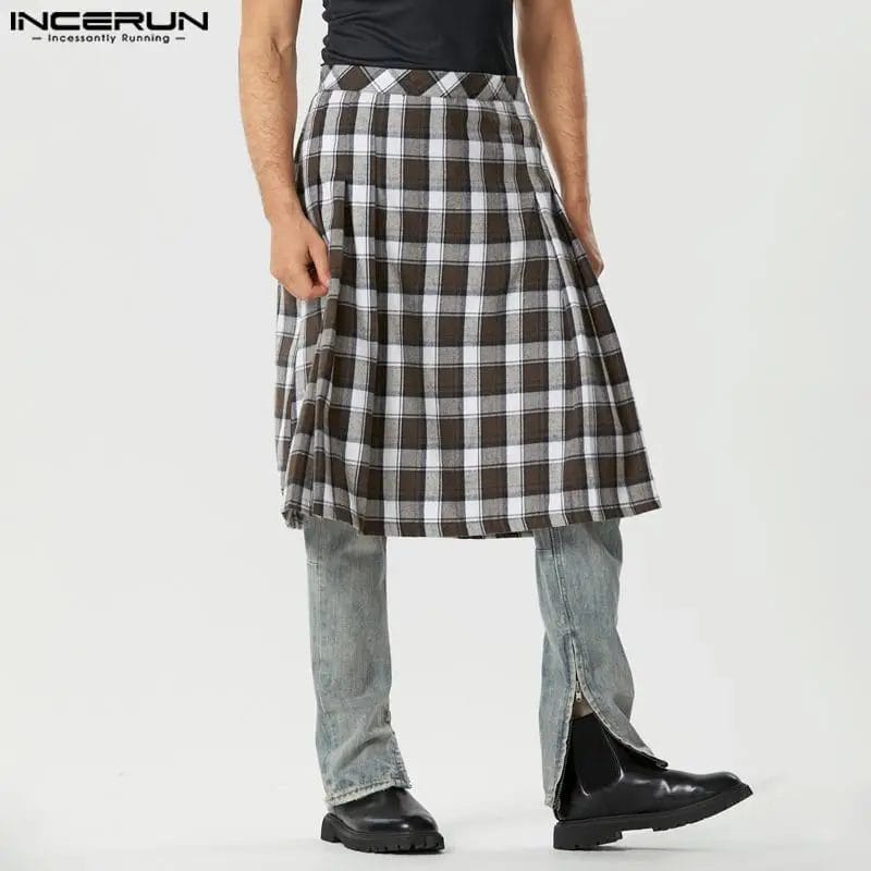 INCERUN Men Skirts Plaid Zipper Streetwear Pleated Casual Men Bottoms 2023 Loose Personality Leisure Male Skirts Trousers S-5XL 1