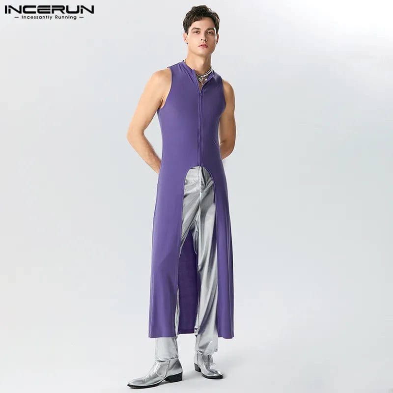 2023 Men Irregular Tank Tops V Neck Sleeveless Zipper Streetwear Stylish Male Vests Solid Color Long Style Tops S-5XL INCERUN 7 1