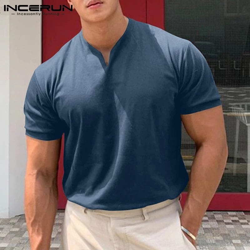 INCERUN 2024 Men T Shirt V Neck Short Sleeve Streetwear Summer Solid Color Basic Men Clothing Fashion Cozy Casual Camisas S-5XL 1
