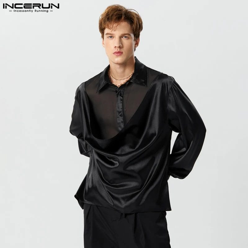 INCERUN 2023 Men Irregular Shirts Patchwork Streetwear Loose Lapel Long Sleeve Camisas Transparent Fashion Men Clothing S-5XL 1