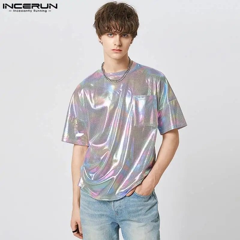 2023 Men T Shirt Shiny O-neck Short Sleeve Streetwear Loose Fashion Camisetas Summer Pockets Party Casual Tee Tops S-5XL INCERUN 1