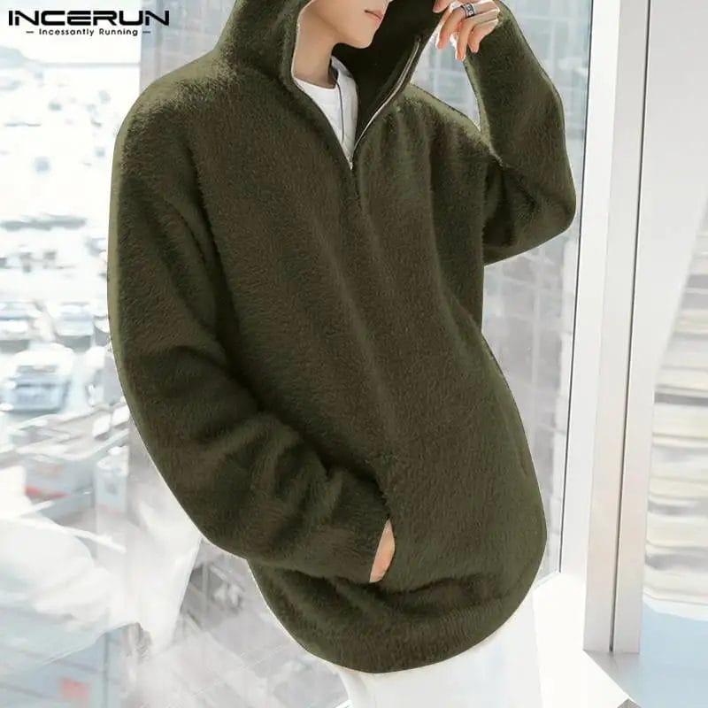 Men Pullovers Solid Color Knitted Plush Hooded Long Sleeve Fashion Sweaters Men Streetwear 2023 Casual Sweatshirt INCERUN S-5XL 1