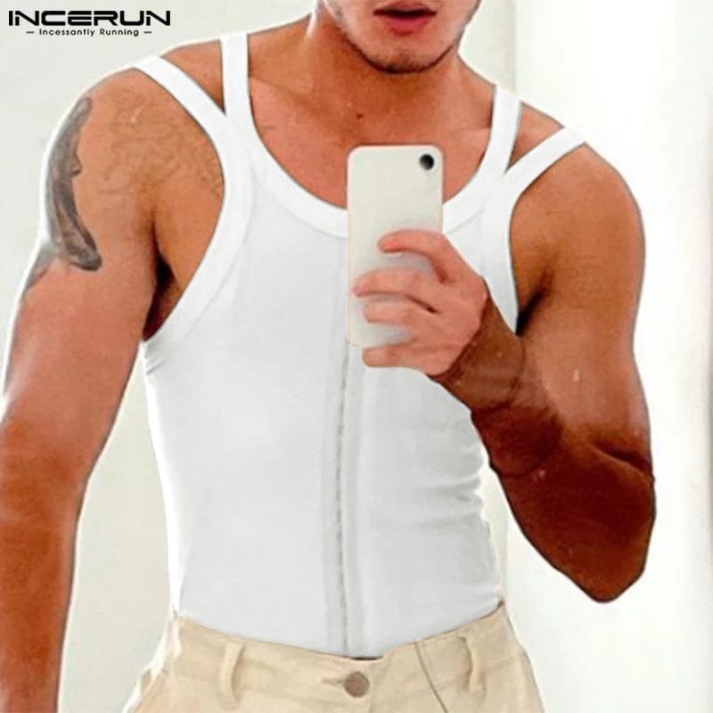 2023 Men Tank Tops O-neck Sleeveless Button Summer Solid Color Crop Tops Men Fitness Sexy Streetwear Stylish Vests S-5XL INCERUN 1