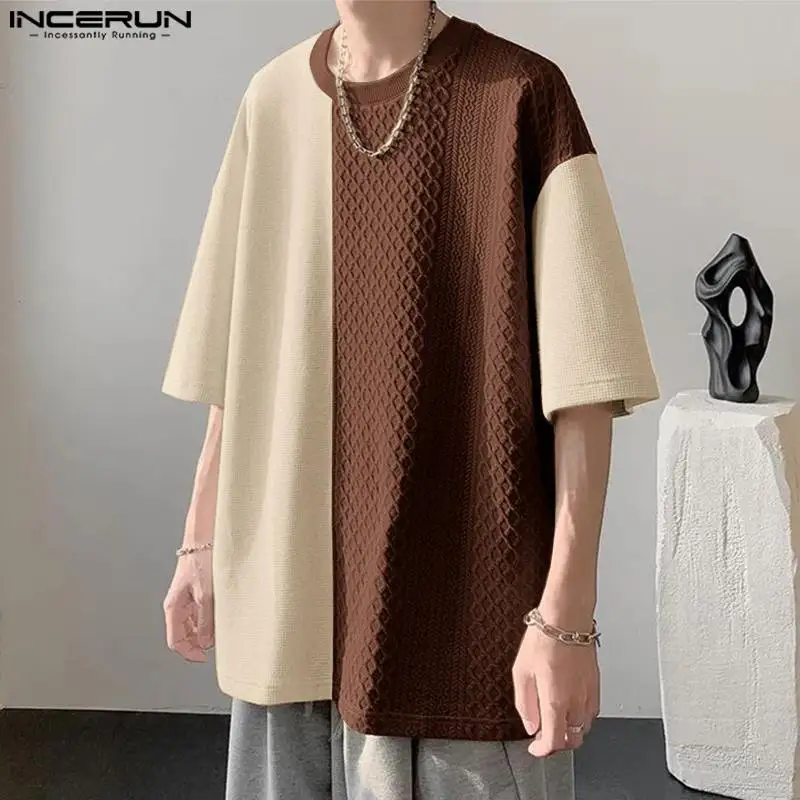 INCERUN Men's T Shirt Patchwork O-neck Short Sleeve Streetwear Men Clothing Korean Summer Loose 2024 Casual Male Tee Tops S-5XL 1