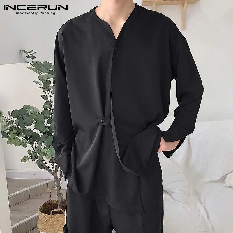 INCERUN Fashion Men Shirt V Neck Long Sleeve Streetwear Solid Color Korean Casual Irregular Shirts 2023 Button Loose Camisas 1