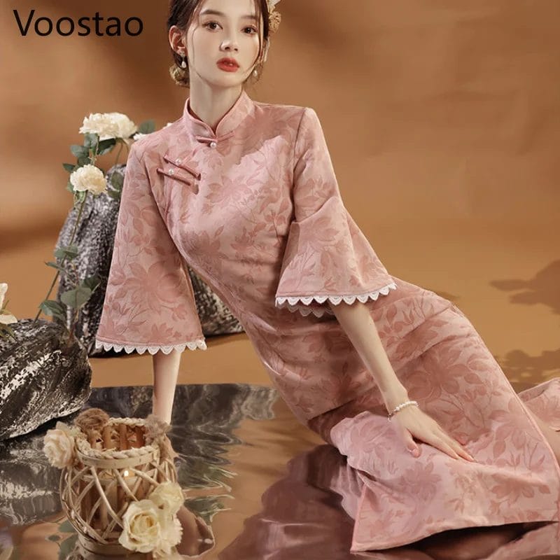 Chinese Style Elegant Cheongsam Dress Women Vintage Traditional Pink Floral Print Qipao Dress Ladies Sweet Slim Split Dresses 1
