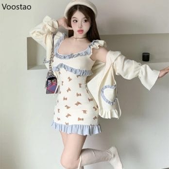 Autumn Kawaii Bear Print Lolita Two Piece Set Women Casual Bow Party Mini Dress Coat Suit Female Princess Korean Elegant Clothes 4