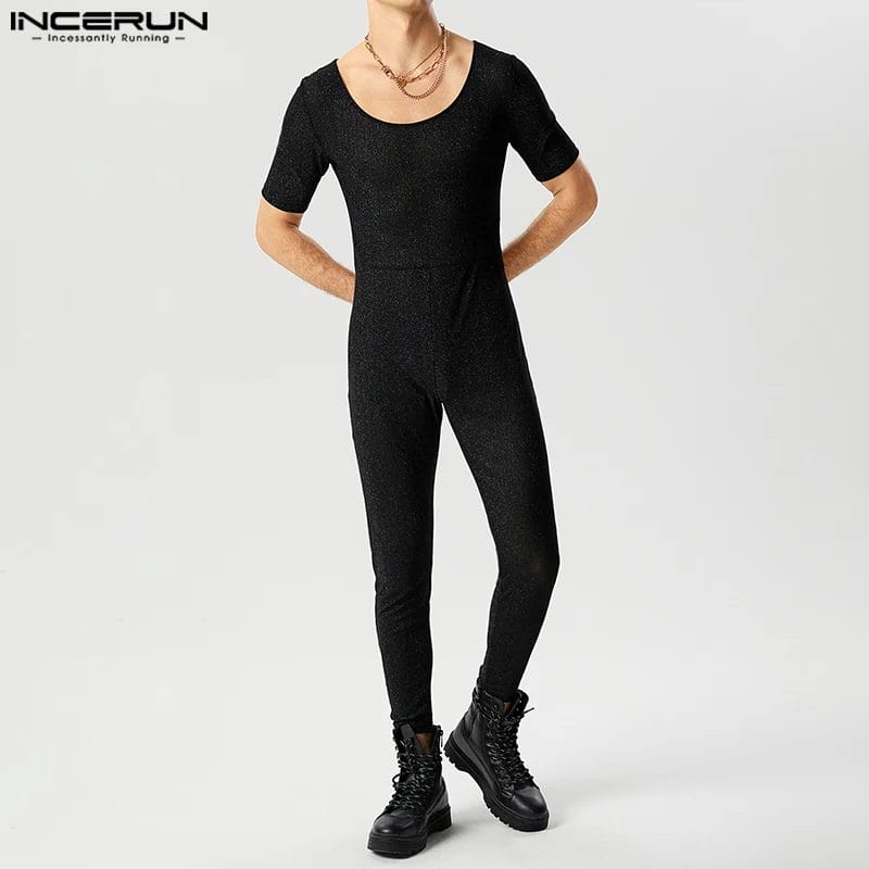 Men Jumpsuits Solid Color Shiny Zipper Fitness Fashion Rompers Streetwear 2024 O-neck Short Sleeve Male Overalls S-5XL INCERUN 1